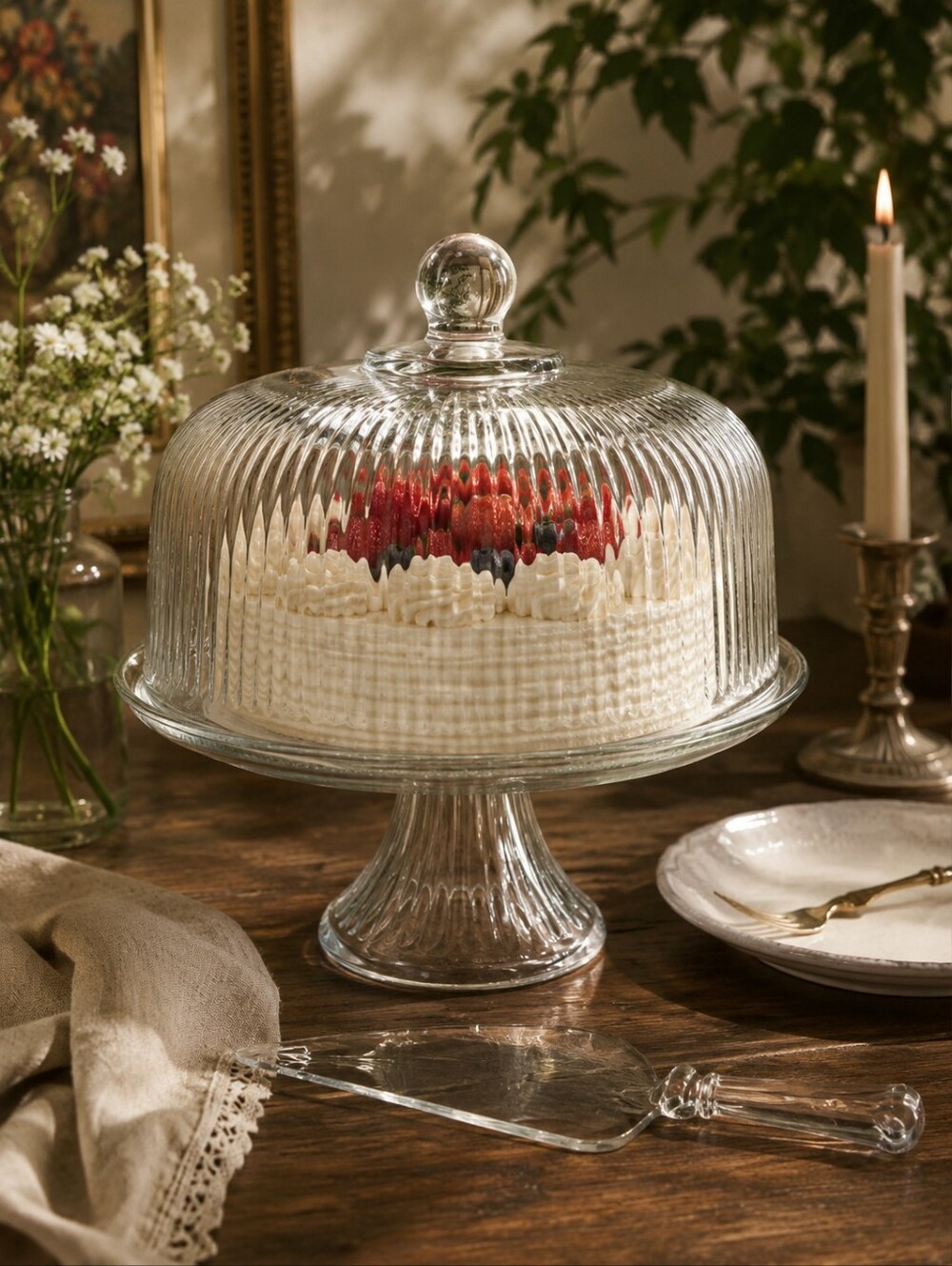 Anchor Hocking Monaco Cake Stand Dome & Pedestal Punch Bowl Ribbed Glass 11"